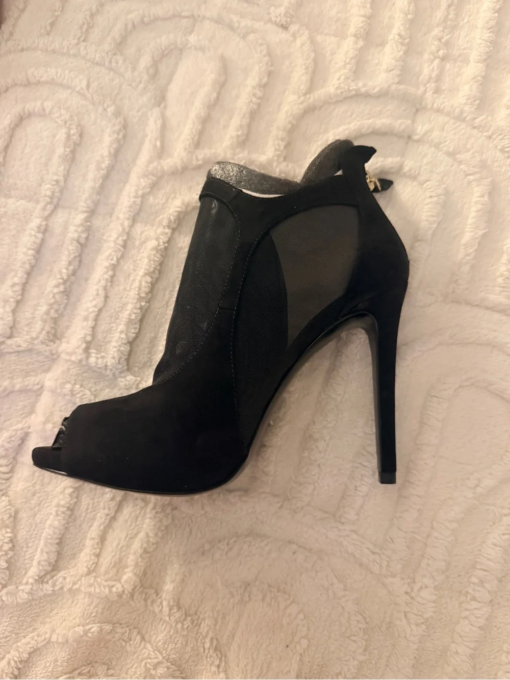 Guess Black Peep-Toe Mesh Stiletto Ankle Bootie